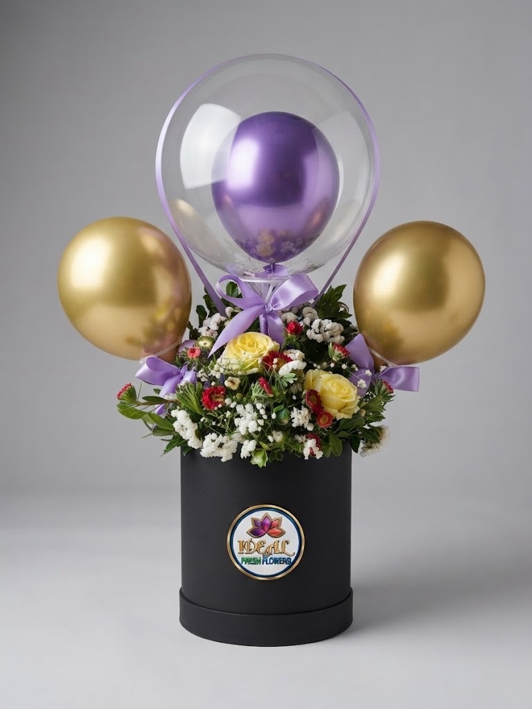 87 Purple and Gold Balloon Flower Box with Mixed Flowers by Ideal Fresh Flower - Image 1