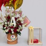 Initial Letter Rose Arrangement with Balloons and Cake Box by Ideal Fresh Flower