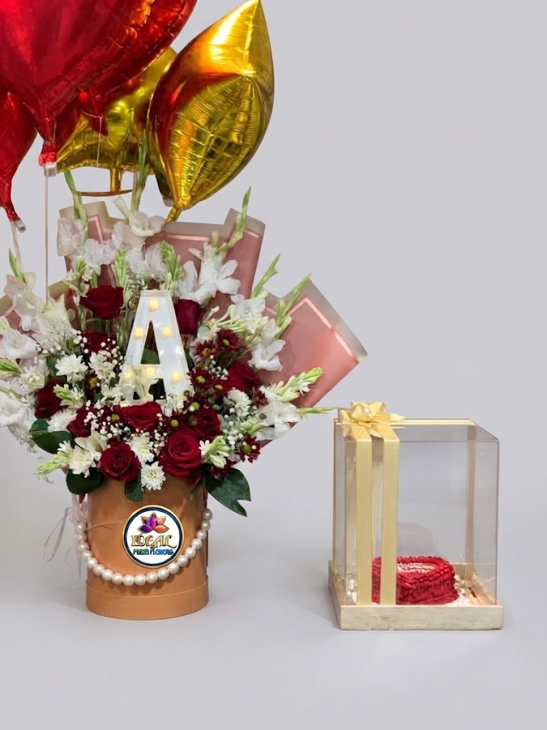 88 Initial Letter Rose Arrangement with Balloons and Cake Box by Ideal Fresh Flower - Image 1