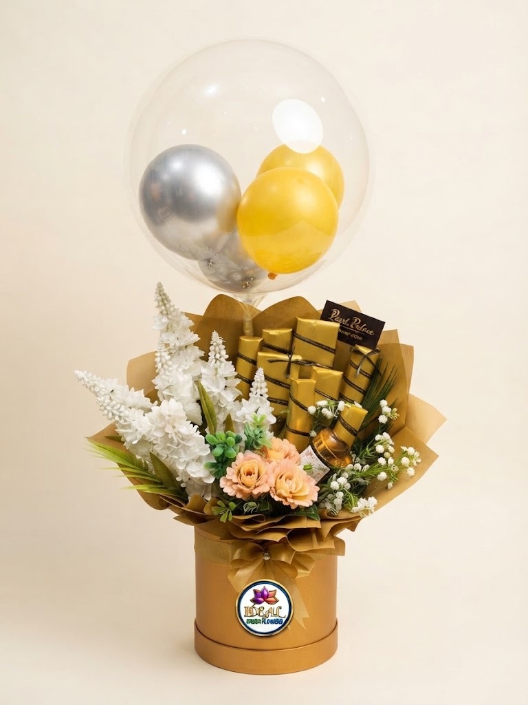 94 Gold Chocolate and Flower Balloon Box with Peach Roses by Ideal Fresh Flower - Image 1
