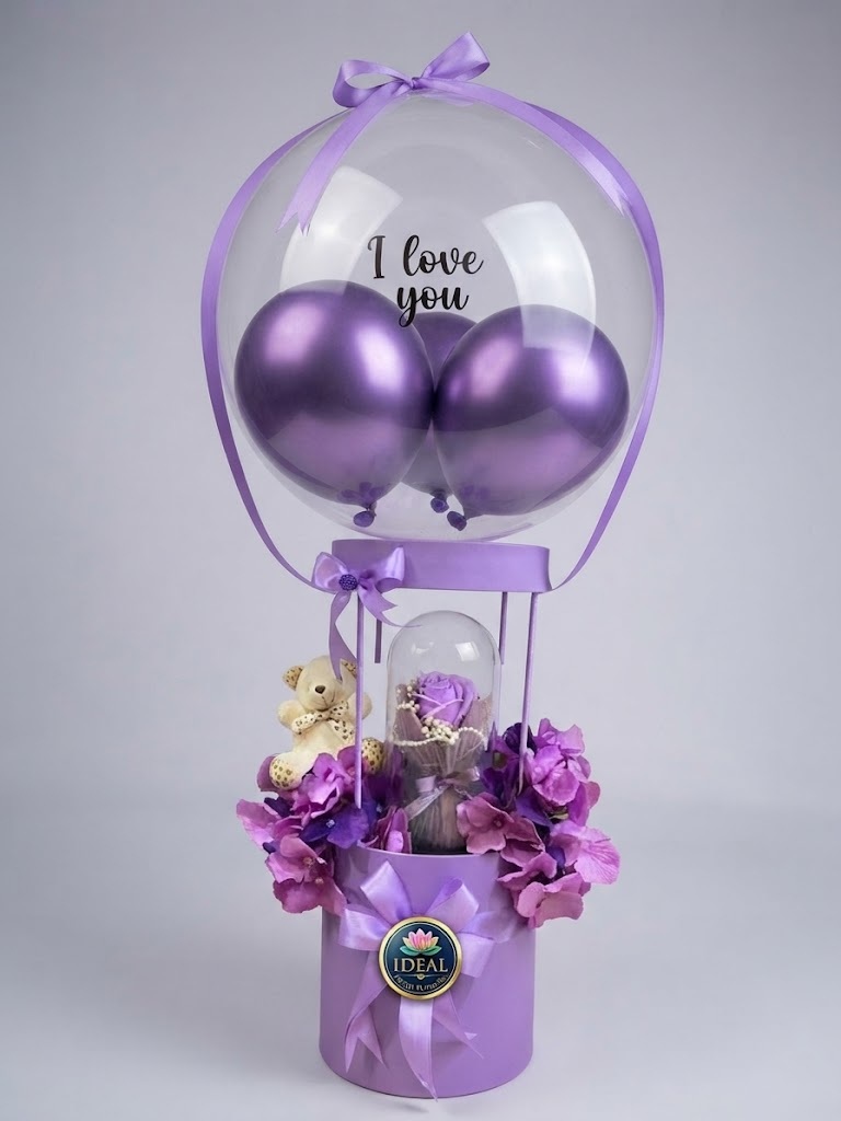 97 I Love You Balloon Flower Box with Purple Flowers by Ideal Fresh Flower - Image 1